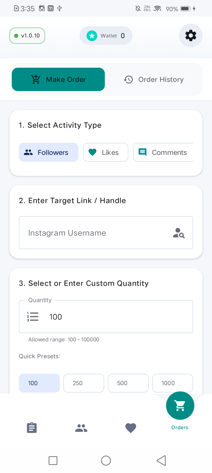 TopEngage Make Order screen