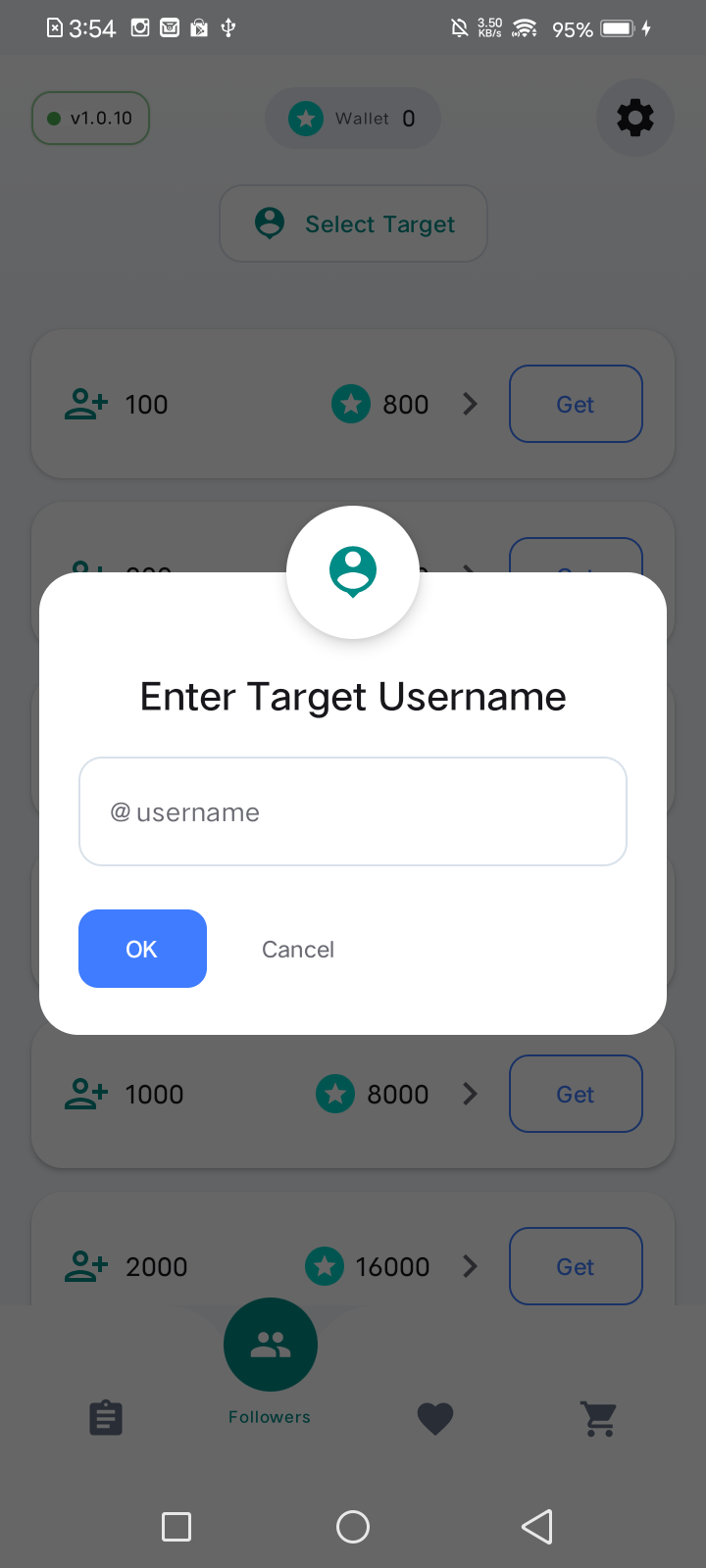 TopEngage target username search dialog
